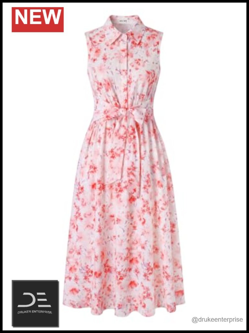 Sleeveless Floral Midi Dress A-Line V-Neck Tie Belt Pockets Summer Casual